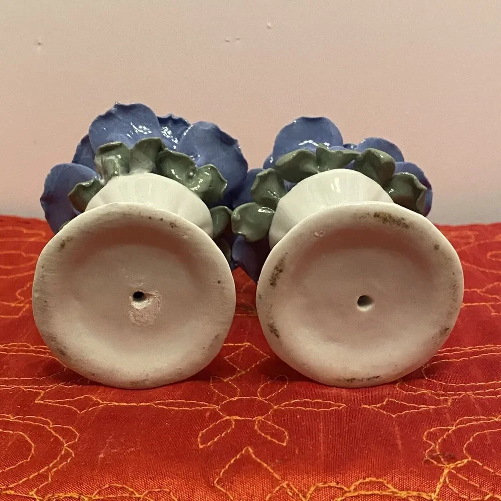 Lot of 2 VTG Blue Rose Porcelain Candlestick Holders One Perfect, One Lil Damage